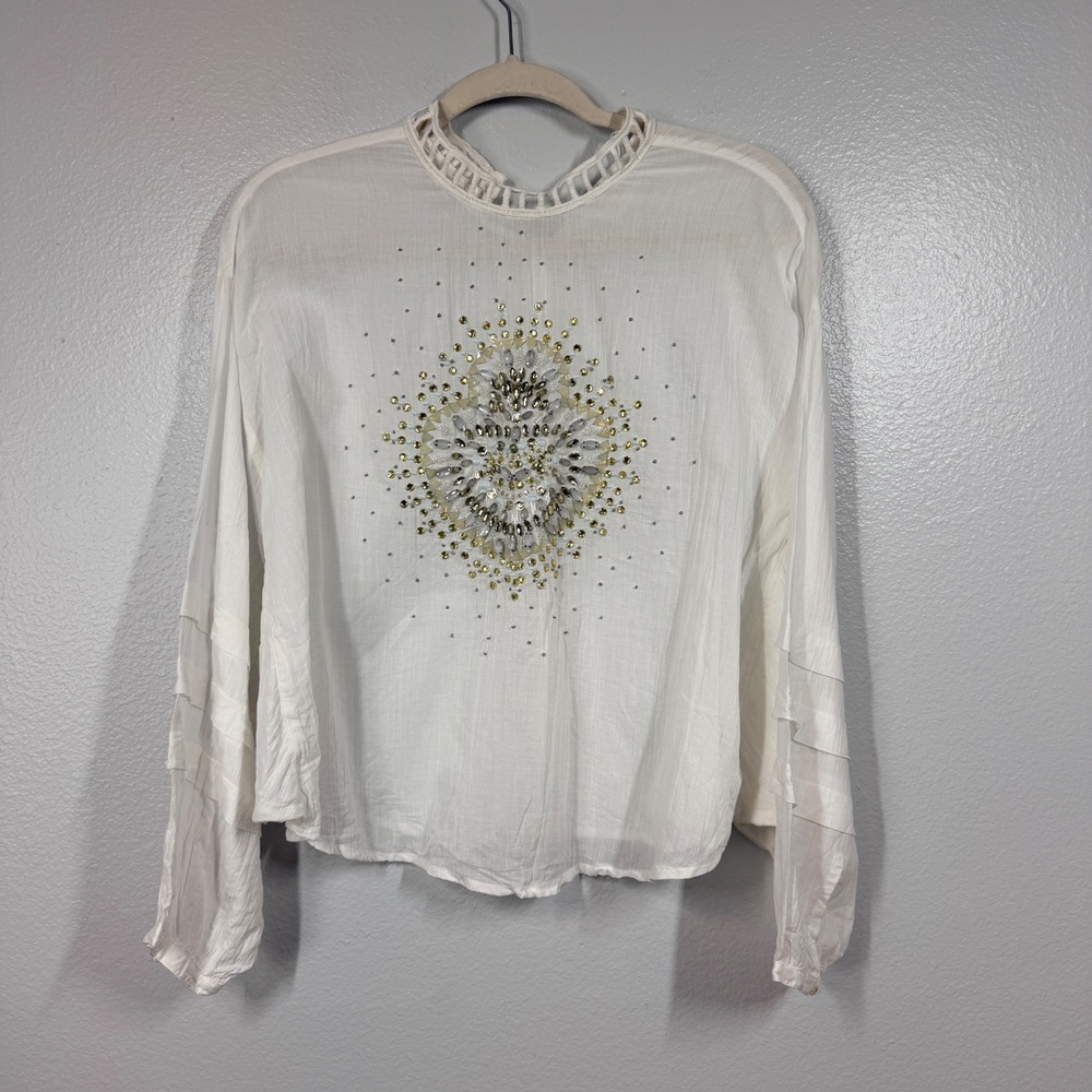 Free People Blouse Women's Small White Heart Embellished Boho Beaded Gauze Top